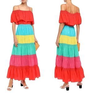 NEW Alice + Olivia Kia Off Shoulder Ruffle Rainbow Stripe Maxi Size 4